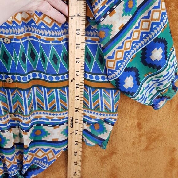 MINE Womens Top Small Blue Pullover Tie Bottom Lightweight Blouse Aztec - Picture 7 of 8